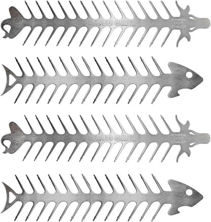 Four stainless steel barbecue skewer forks with shaped heads
