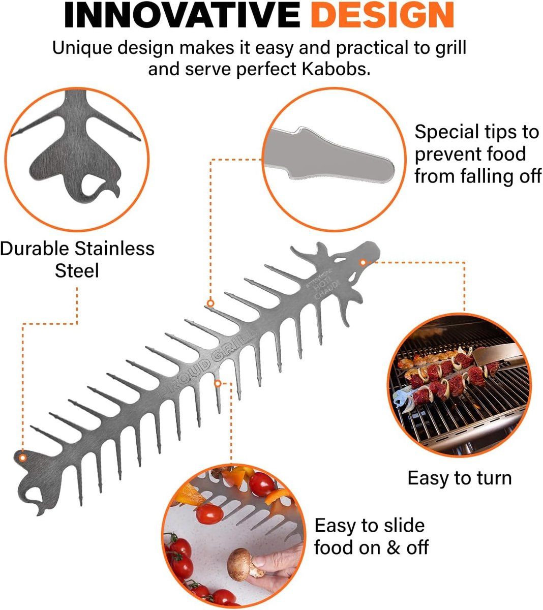 Four stainless steel barbecue skewer forks with shaped heads