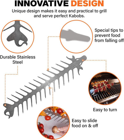 Four stainless steel barbecue skewer forks with shaped heads
