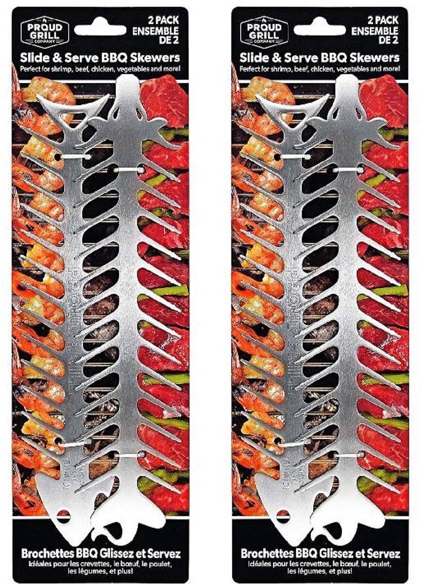 Four stainless steel barbecue skewer forks with shaped heads