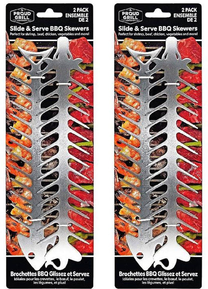 Four stainless steel barbecue skewer forks with shaped heads