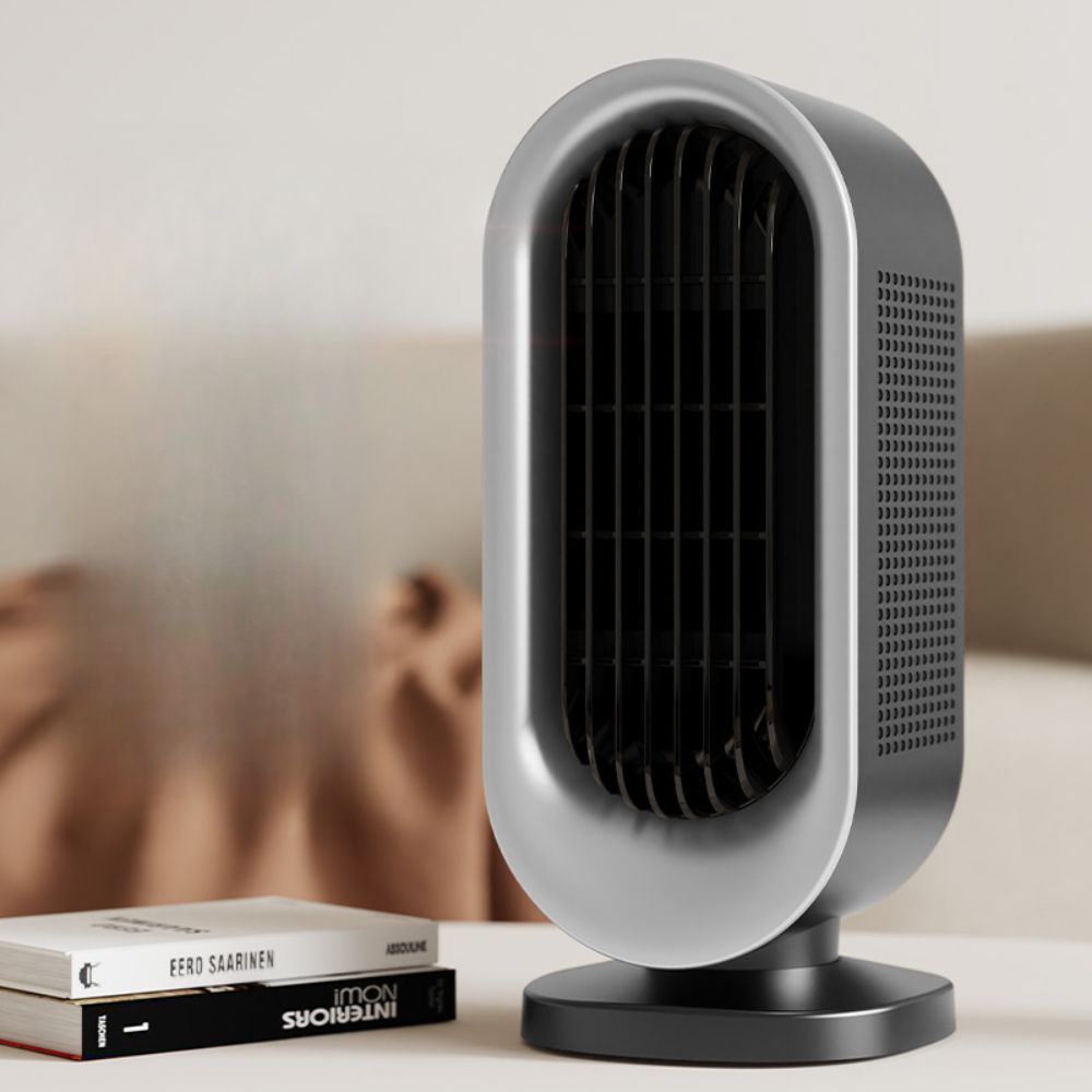 Slim white vertical desktop heater with remote control and touch buttons