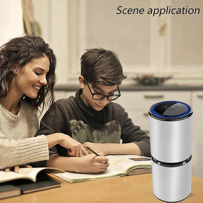 Compact portable air purifier standing on a bedside table