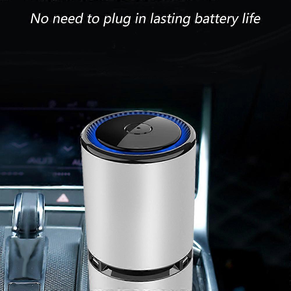 Compact portable air purifier standing on a bedside table