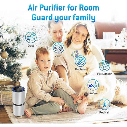 Compact portable air purifier standing on a bedside table