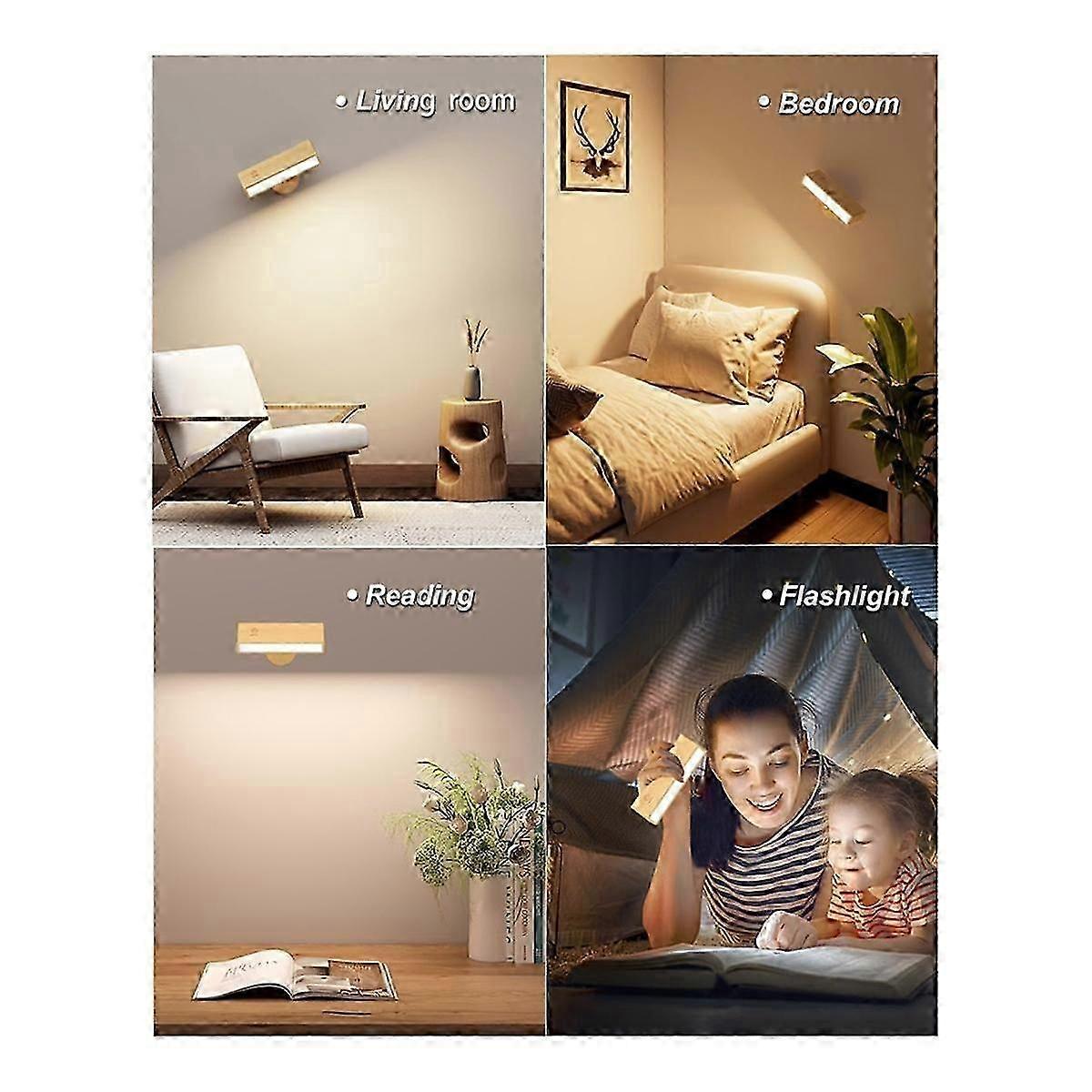 Pair of timber battery wall sconces mounted on a wall and lit warm white