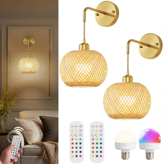 Set of two rechargeable rattan wall sconces with gold brackets and remote control