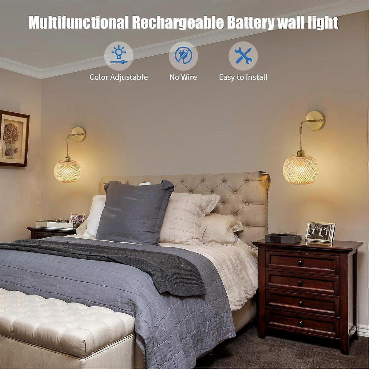 Set of two rechargeable rattan wall sconces with gold brackets and remote control