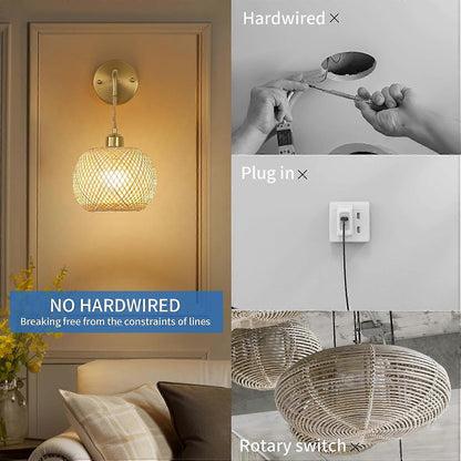 Set of two rechargeable rattan wall sconces with gold brackets and remote control
