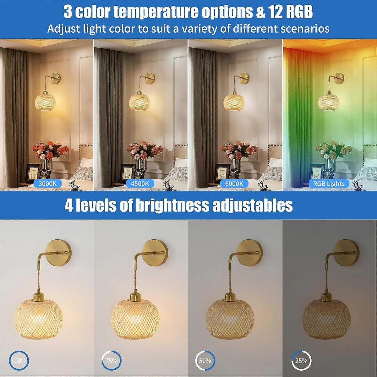 Set of two rechargeable rattan wall sconces with gold brackets and remote control