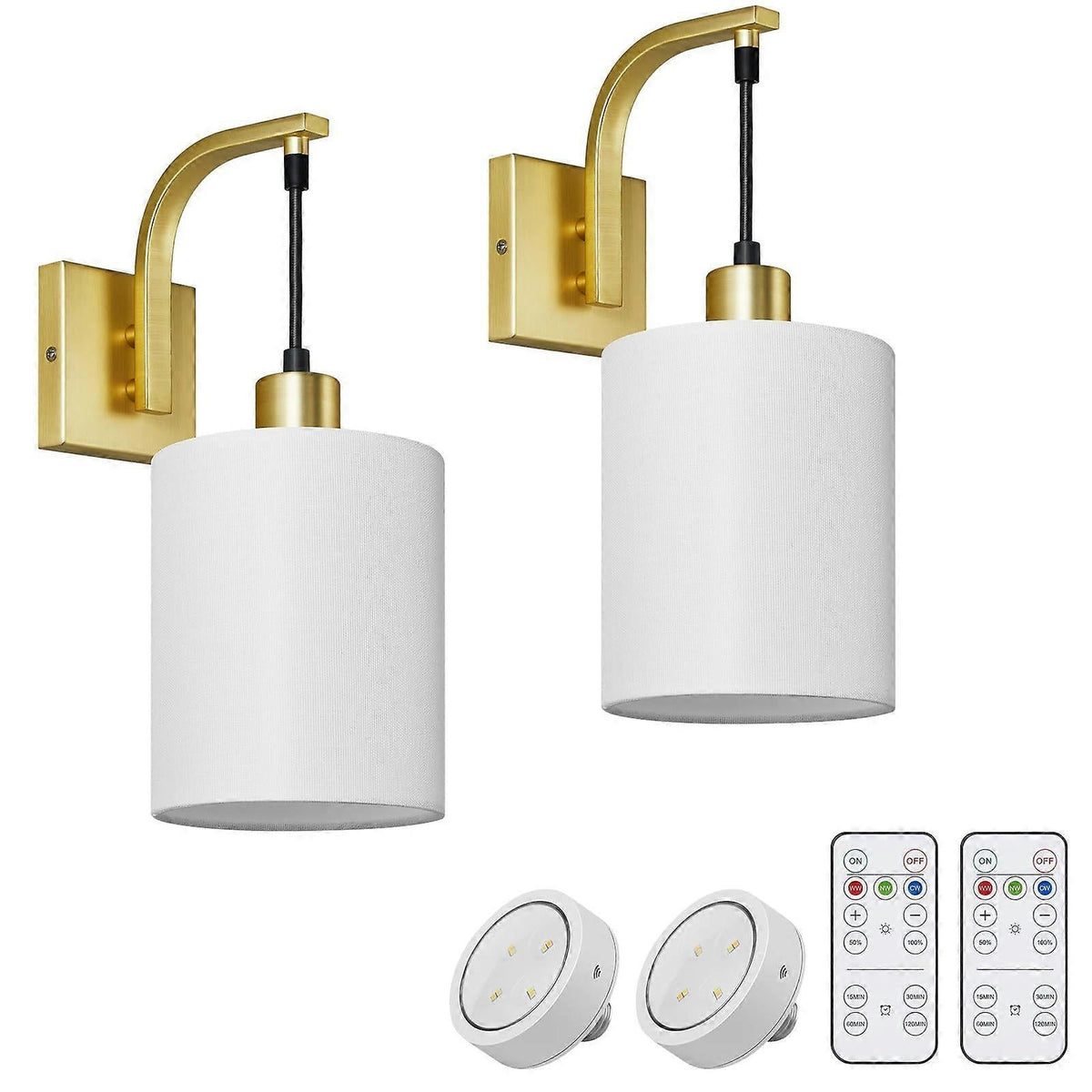 Set of two gold battery operated wall sconces with white linen shades and remote control