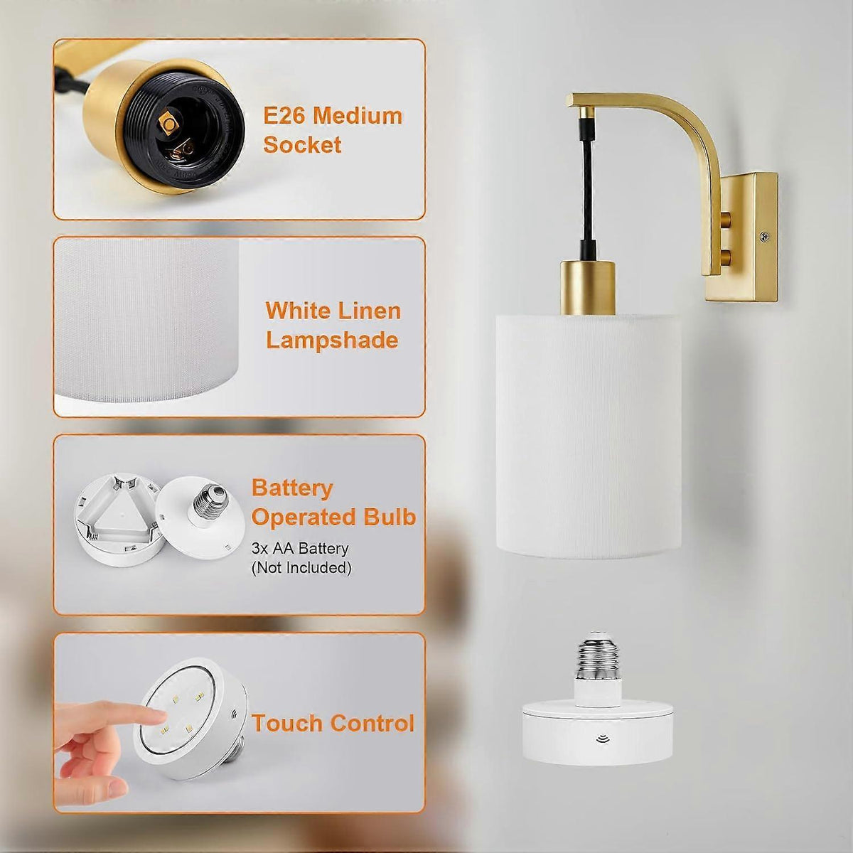 Set of two gold battery operated wall sconces with white linen shades and remote control