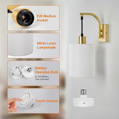 Set of two gold battery operated wall sconces with white linen shades and remote control