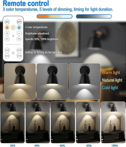 Pair of battery operated wall sconces lit on a wall with a remote control