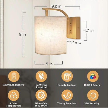 Pair of gold rechargeable wall sconces lit in colour on a wall