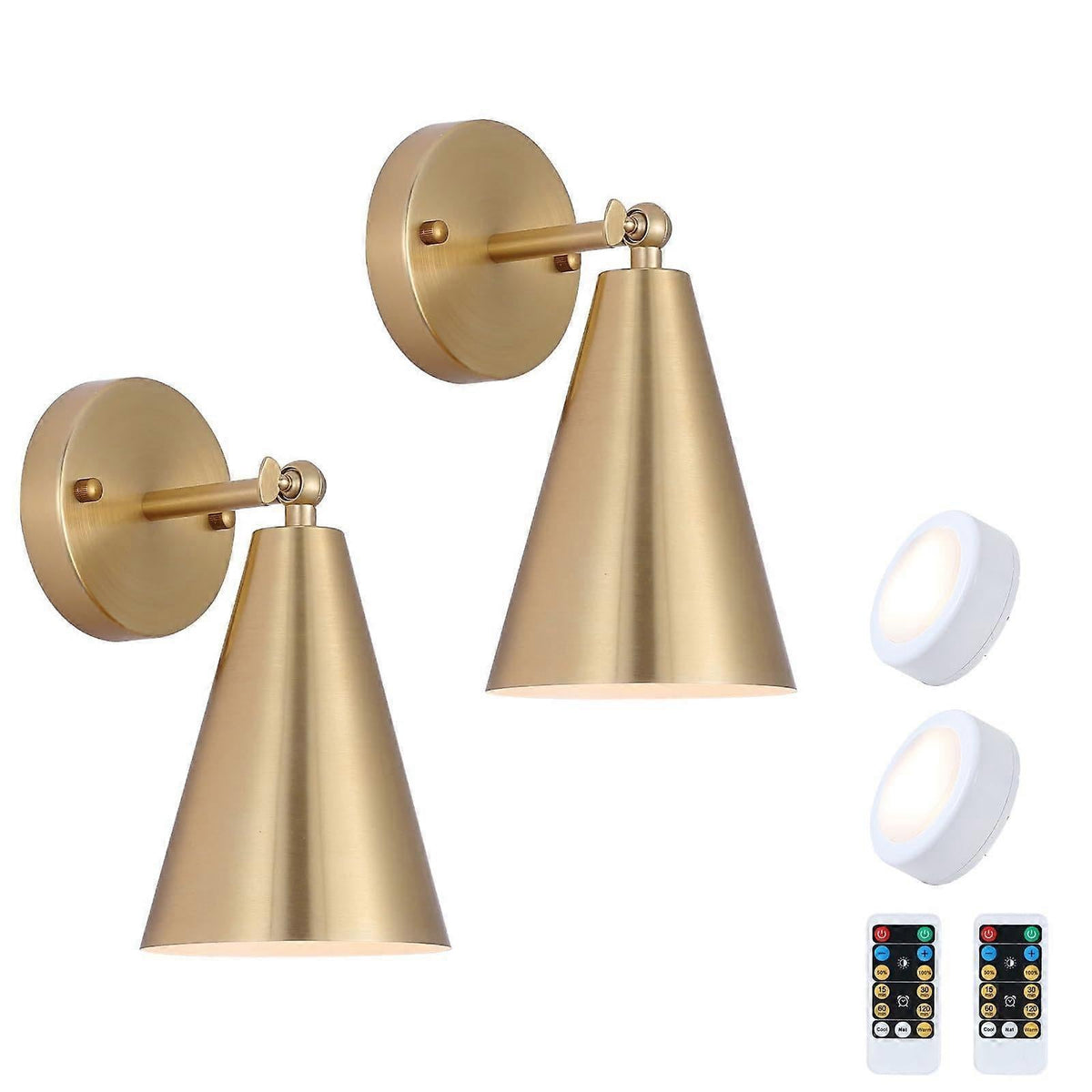 Pair of modern gold wall sconces with cone shades and adjustable heads