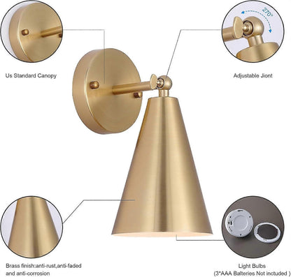 Pair of modern gold wall sconces with cone shades and adjustable heads