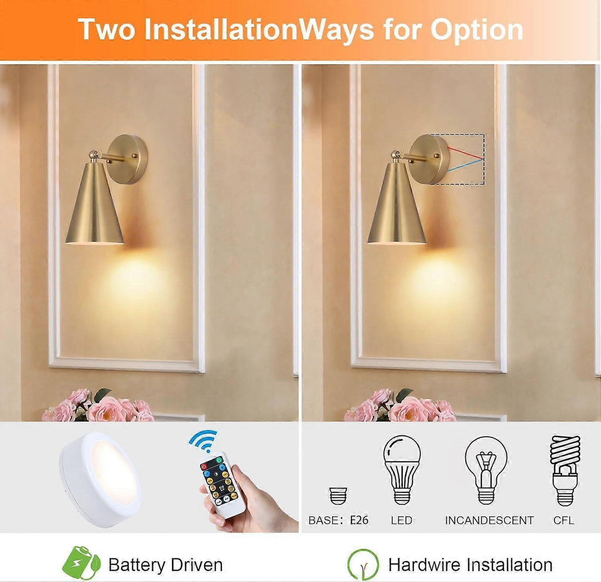 Pair of modern gold wall sconces with cone shades and adjustable heads
