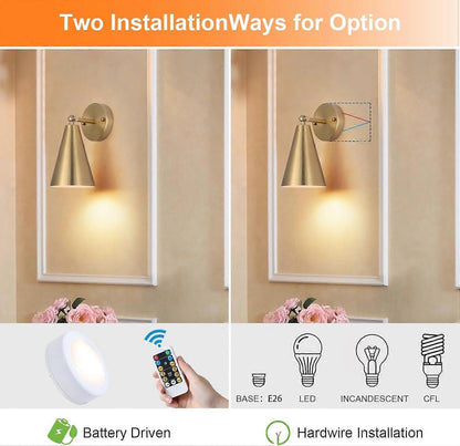 Pair of modern gold wall sconces with cone shades and adjustable heads
