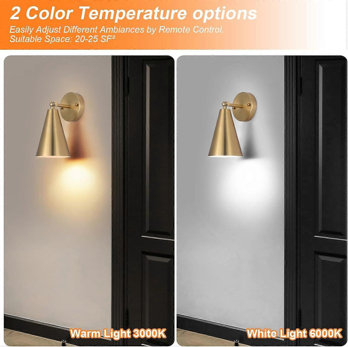 Pair of modern gold wall sconces with cone shades and adjustable heads