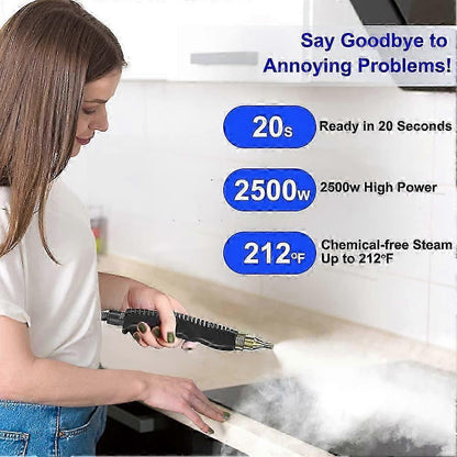 Handheld 2500W steam cleaner with interchangeable nozzle attachments