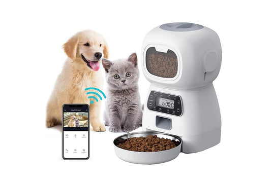 White automatic pet feeder with digital controls and food dispensing tray