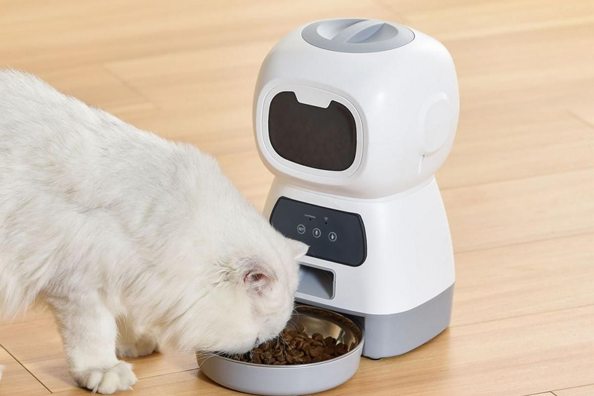 White automatic pet feeder with digital controls and food dispensing tray