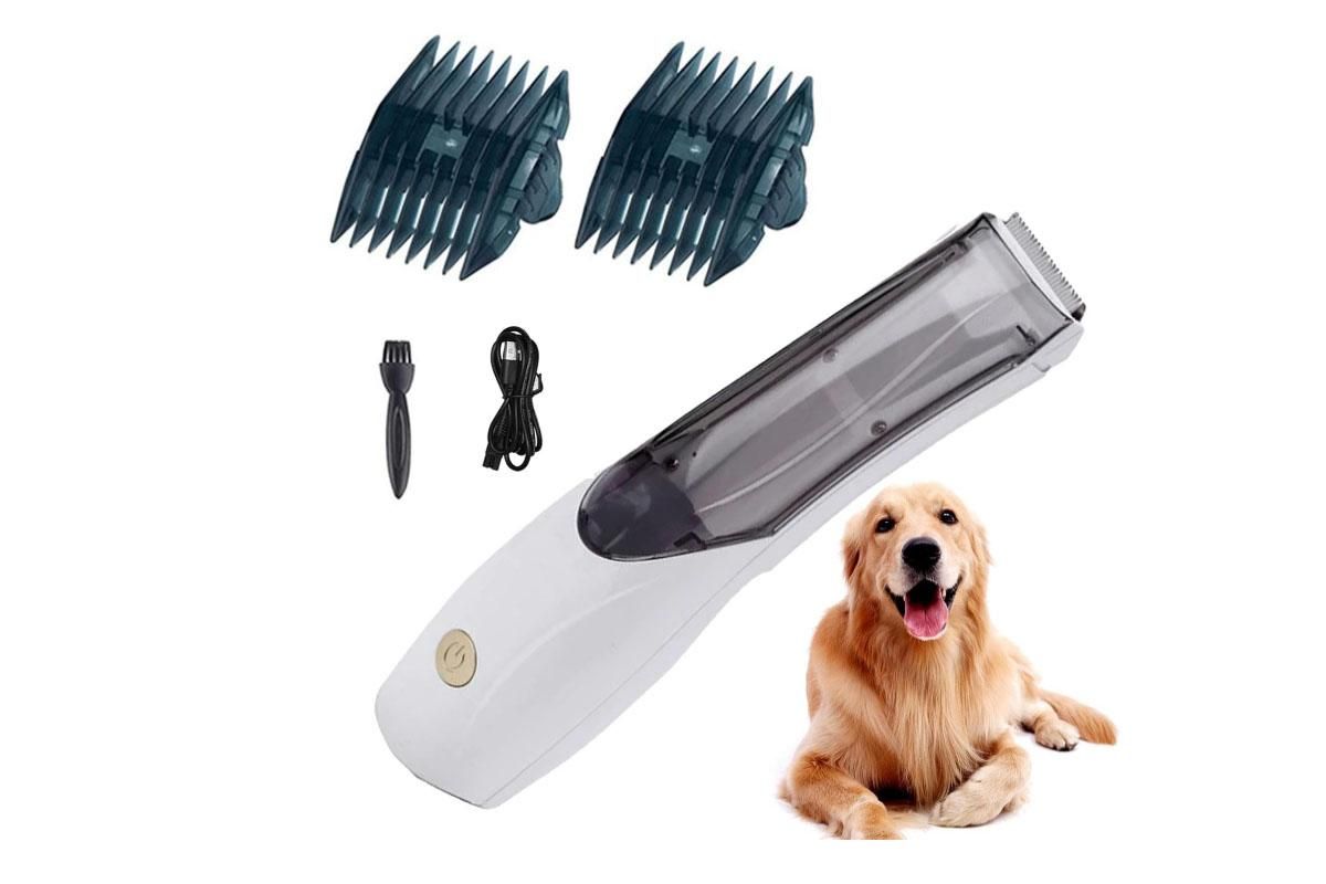 Black rechargeable pet hair clipper with built-in vacuum and detachable hair box