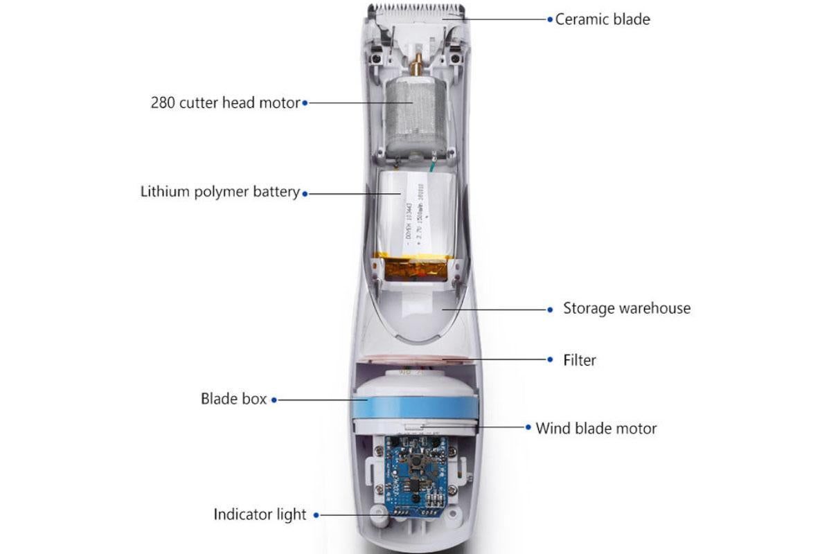 Black rechargeable pet hair clipper with built-in vacuum and detachable hair box