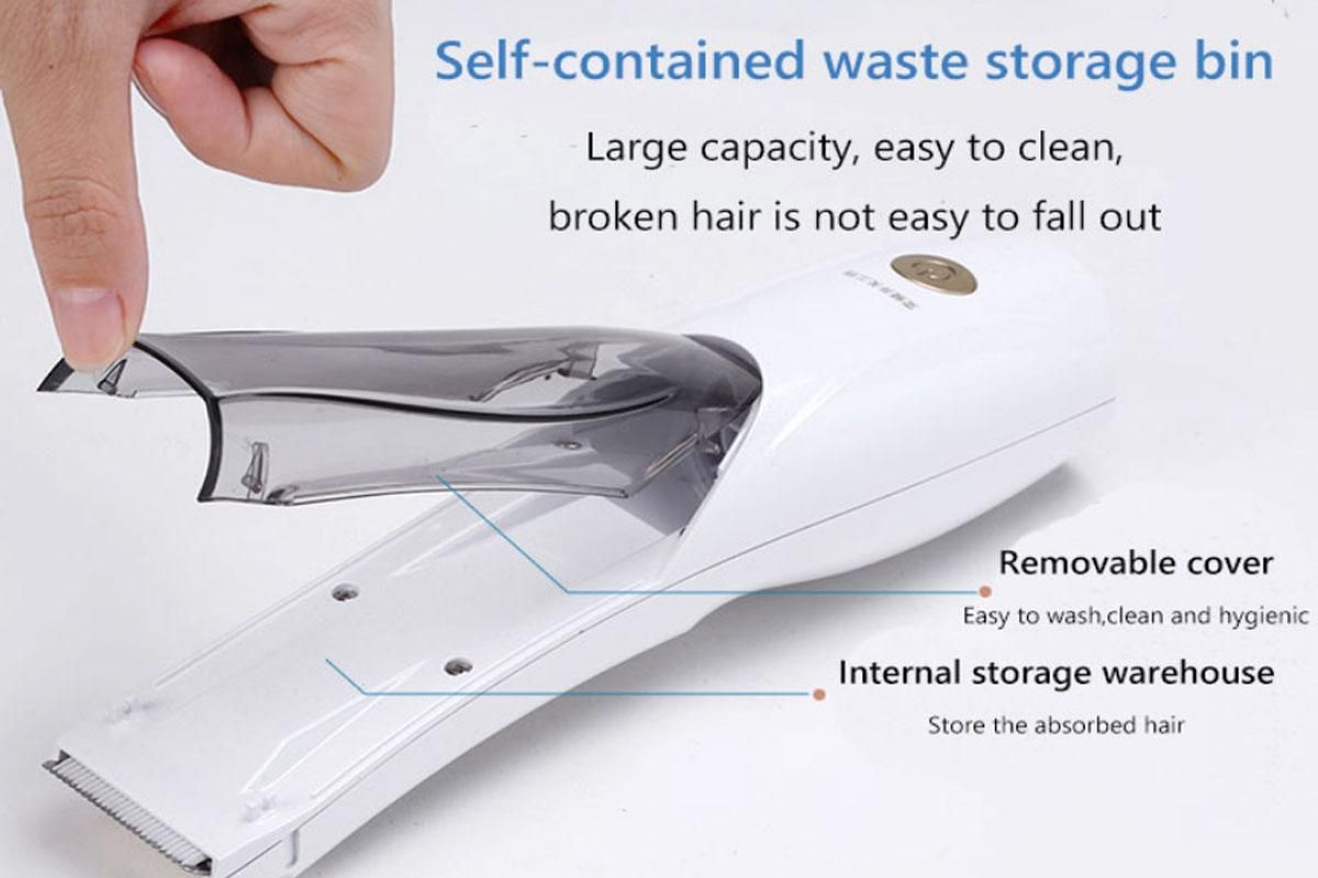 Black rechargeable pet hair clipper with built-in vacuum and detachable hair box