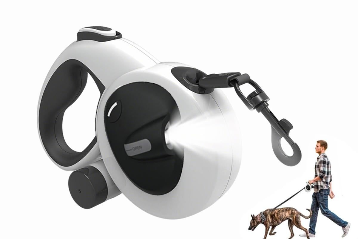 White retractable dog leash with LED light and one-touch brake