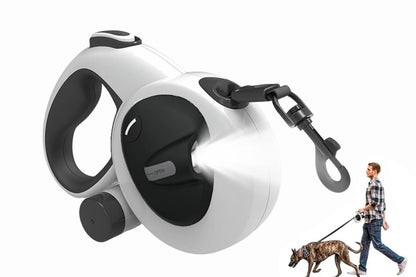 White retractable dog leash with LED light and one-touch brake