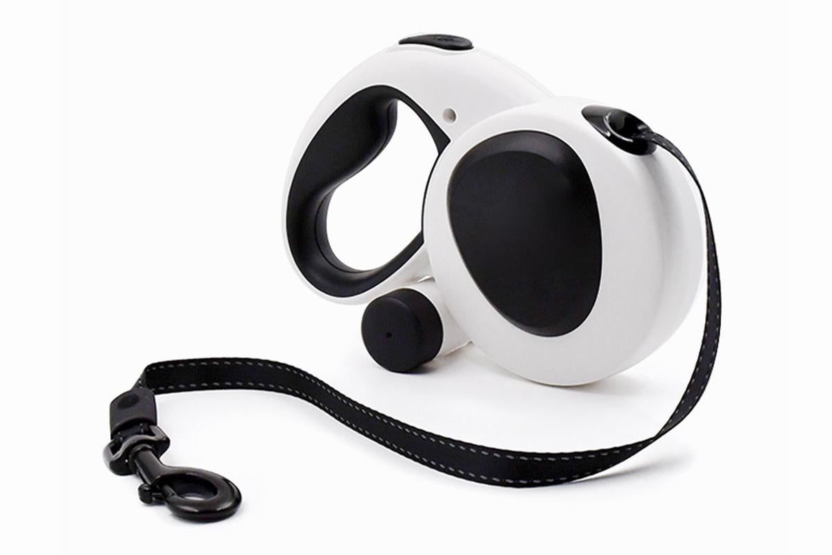 White retractable dog leash with LED light and one-touch brake