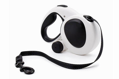 White retractable dog leash with LED light and one-touch brake