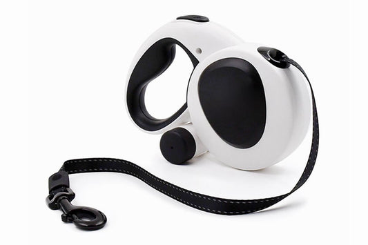 White retractable dog leash with LED light and one-touch brake