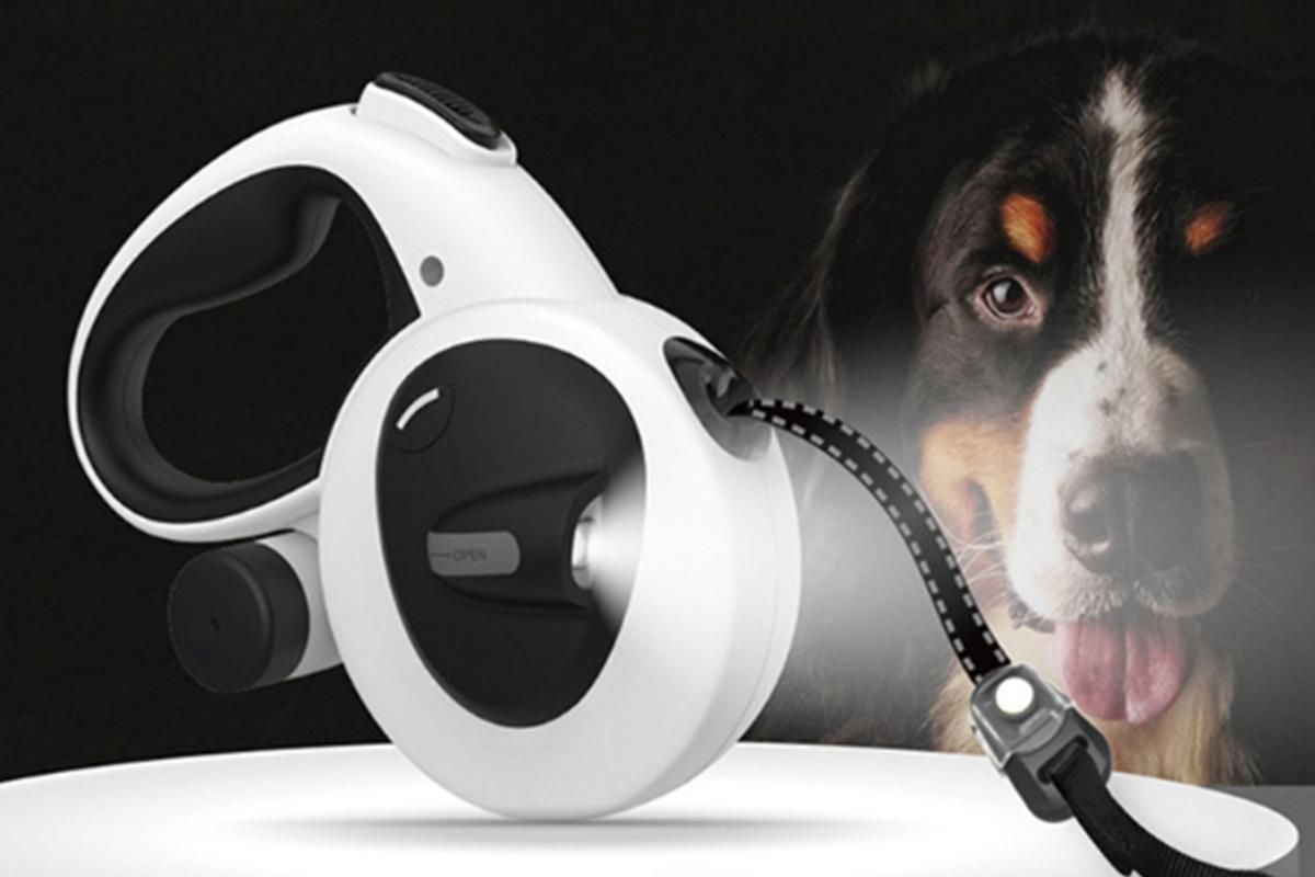 White retractable dog leash with LED light and one-touch brake