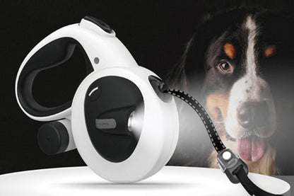 White retractable dog leash with LED light and one-touch brake