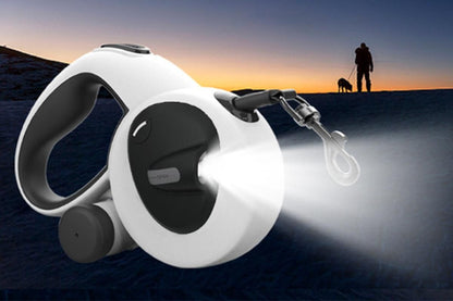 White retractable dog leash with LED light and one-touch brake