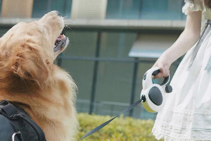 White retractable dog leash with LED light and one-touch brake