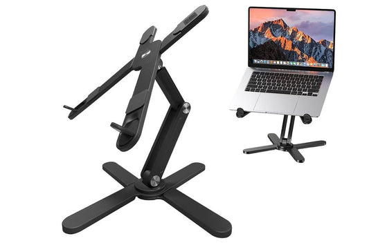 Black aluminium laptop stand with rotating base and adjustable height
