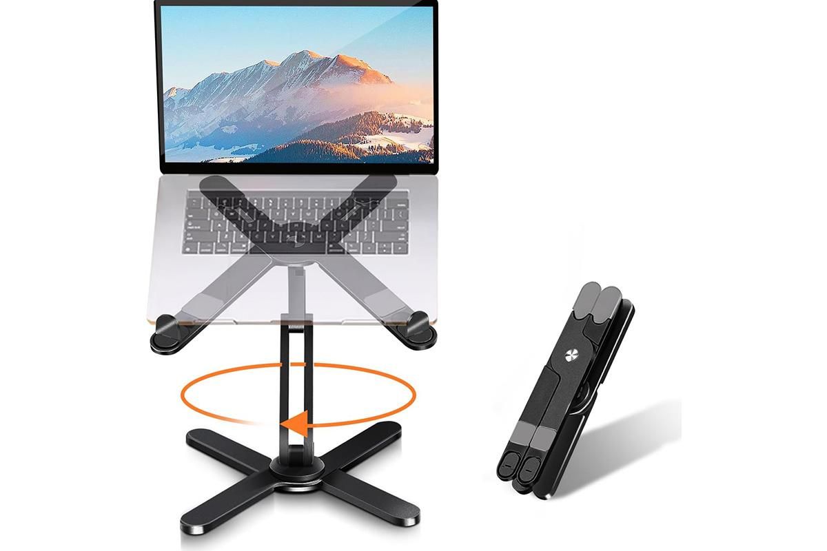 Black aluminium laptop stand with rotating base and adjustable height