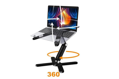 Black aluminium laptop stand with rotating base and adjustable height