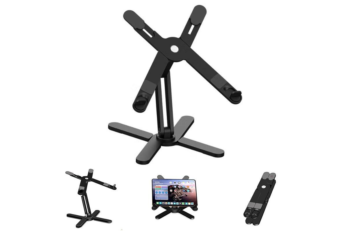 Black aluminium laptop stand with rotating base and adjustable height