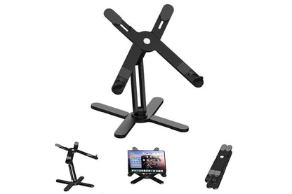 Black aluminium laptop stand with rotating base and adjustable height