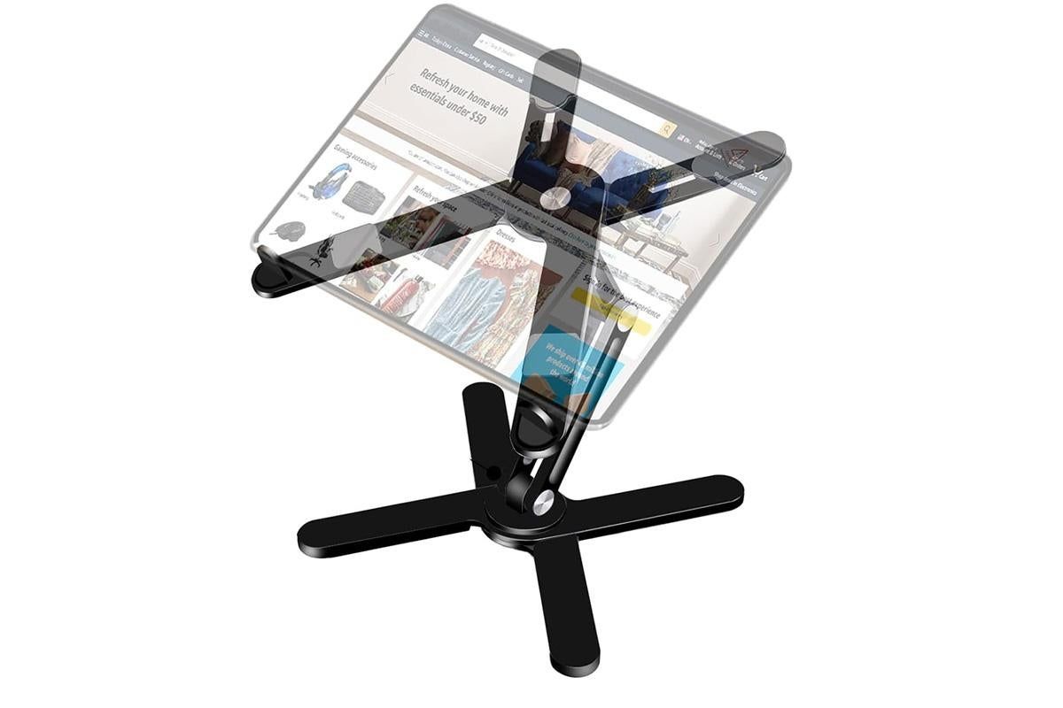 Black aluminium laptop stand with rotating base and adjustable height