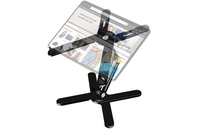 Black aluminium laptop stand with rotating base and adjustable height