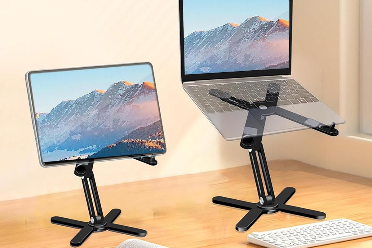 Black aluminium laptop stand with rotating base and adjustable height