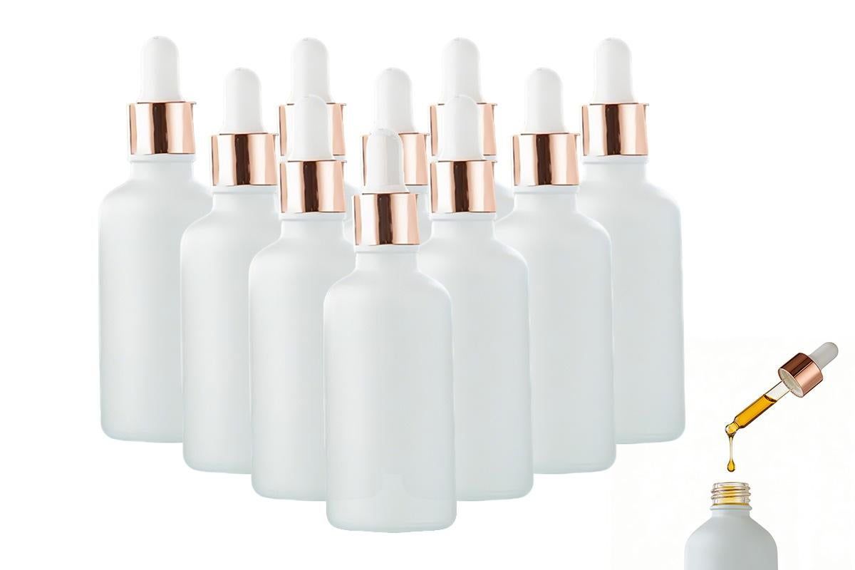 Pack of 10 matte white glass dropper bottles with rose gold caps