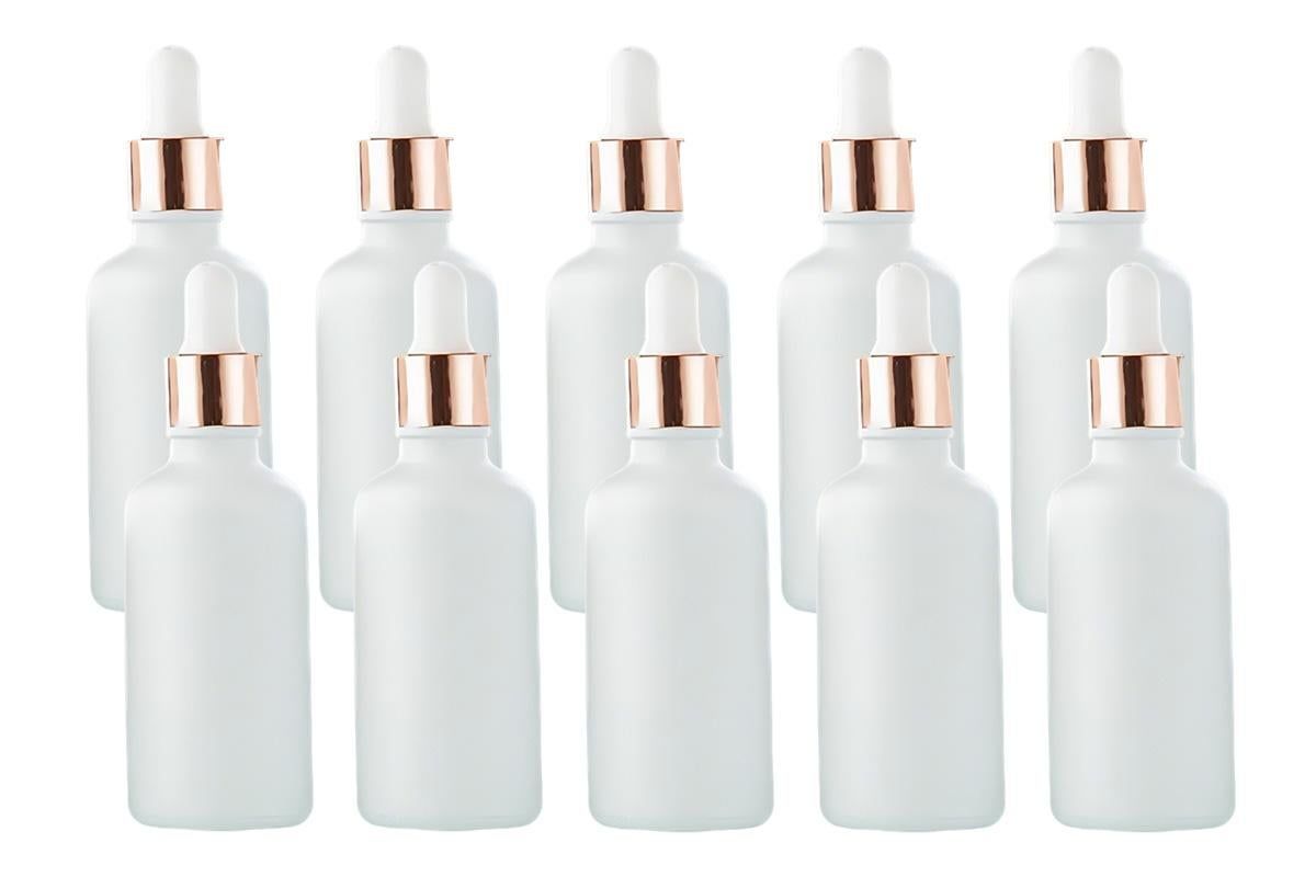 Pack of 10 matte white glass dropper bottles with rose gold caps