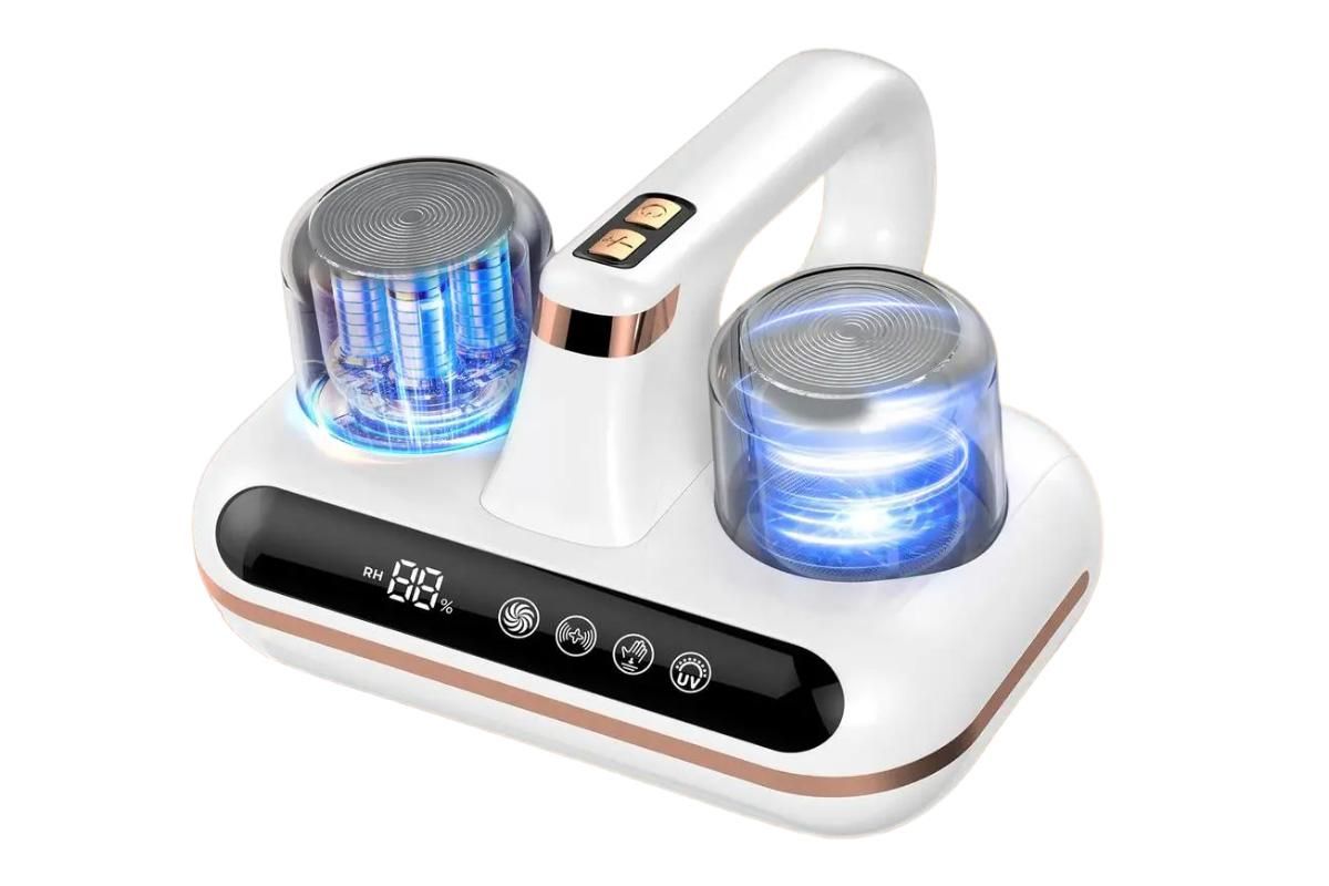 White cordless mattress vacuum cleaner with LED display and transparent dust cups